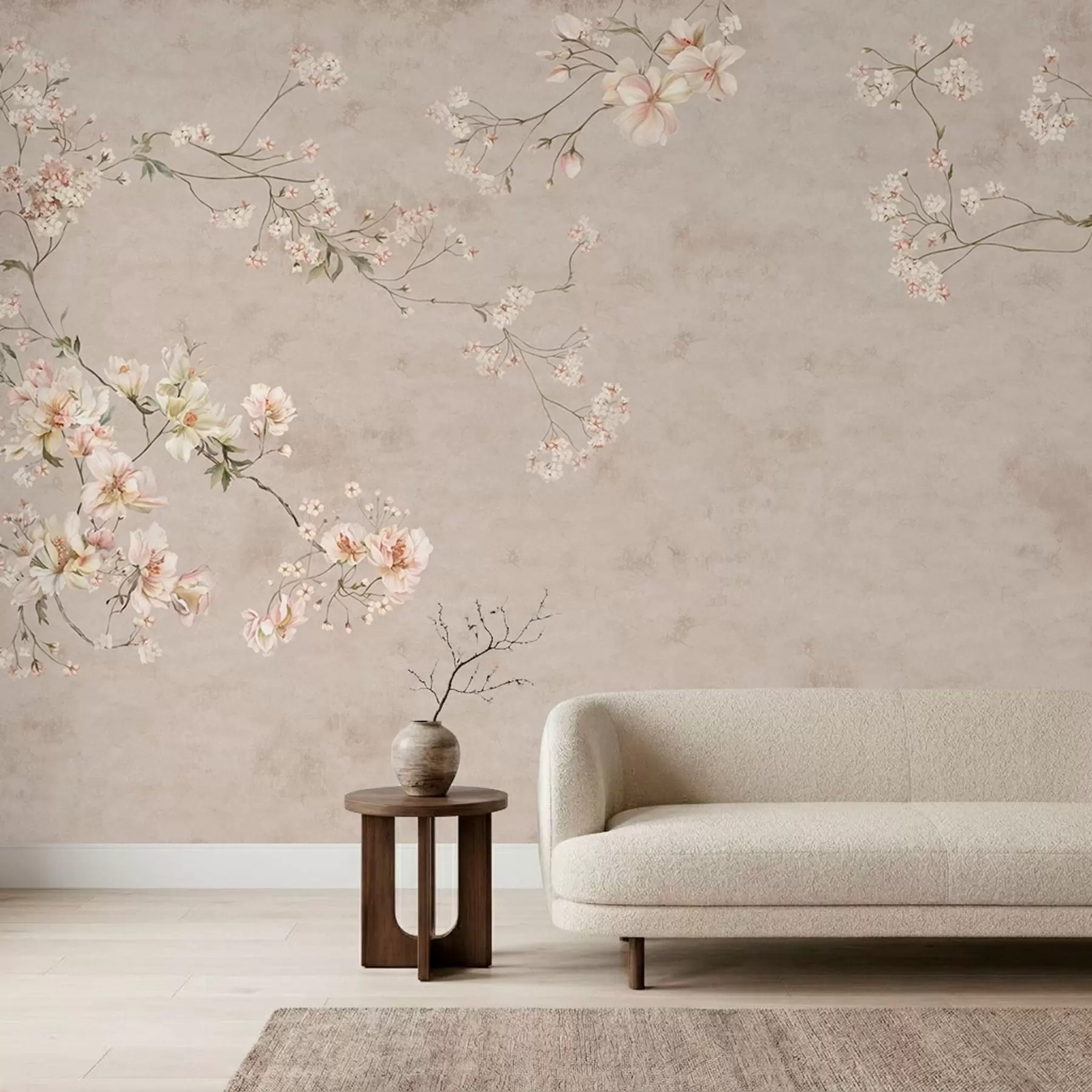 murales Ramas florales delicadas de estilo chinoiserie sobre fondo claro w05427