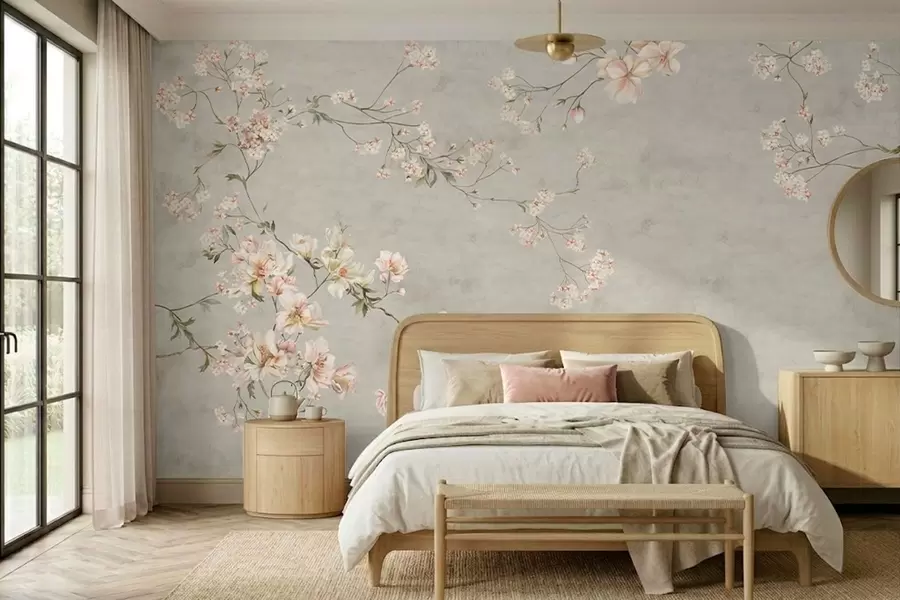 murales Ramas florales de estilo chinoiserie sobre fondo gris w05427v1