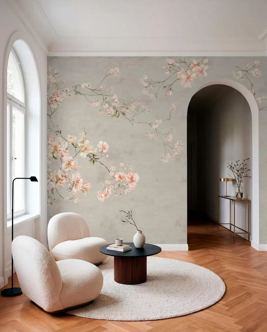 murales Ramas florales de estilo chinoiserie sobre fondo gris w05427v1