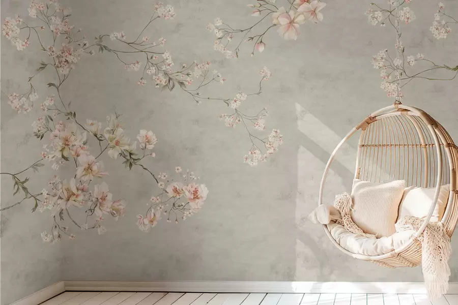 Wall Mural Photo Wallpaper Chinoiserie floral branches on gray background w05427v1