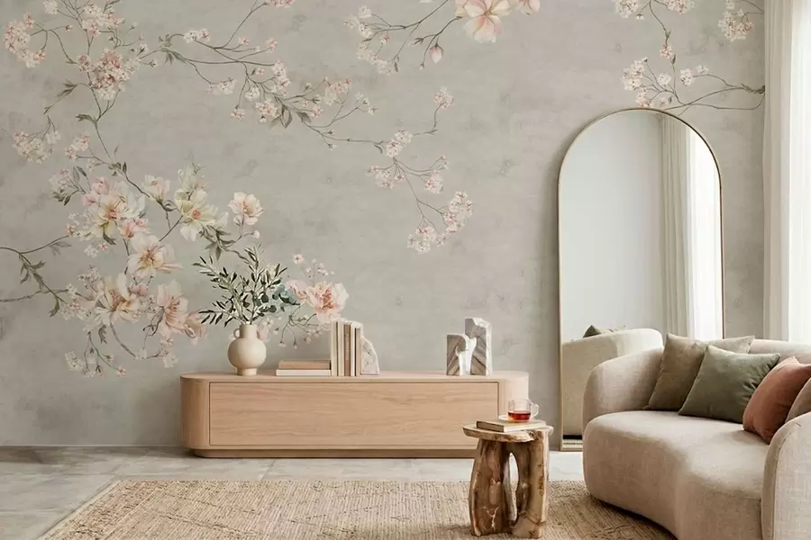 Wall Mural Photo Wallpaper Chinoiserie floral branches on gray background w05427v1