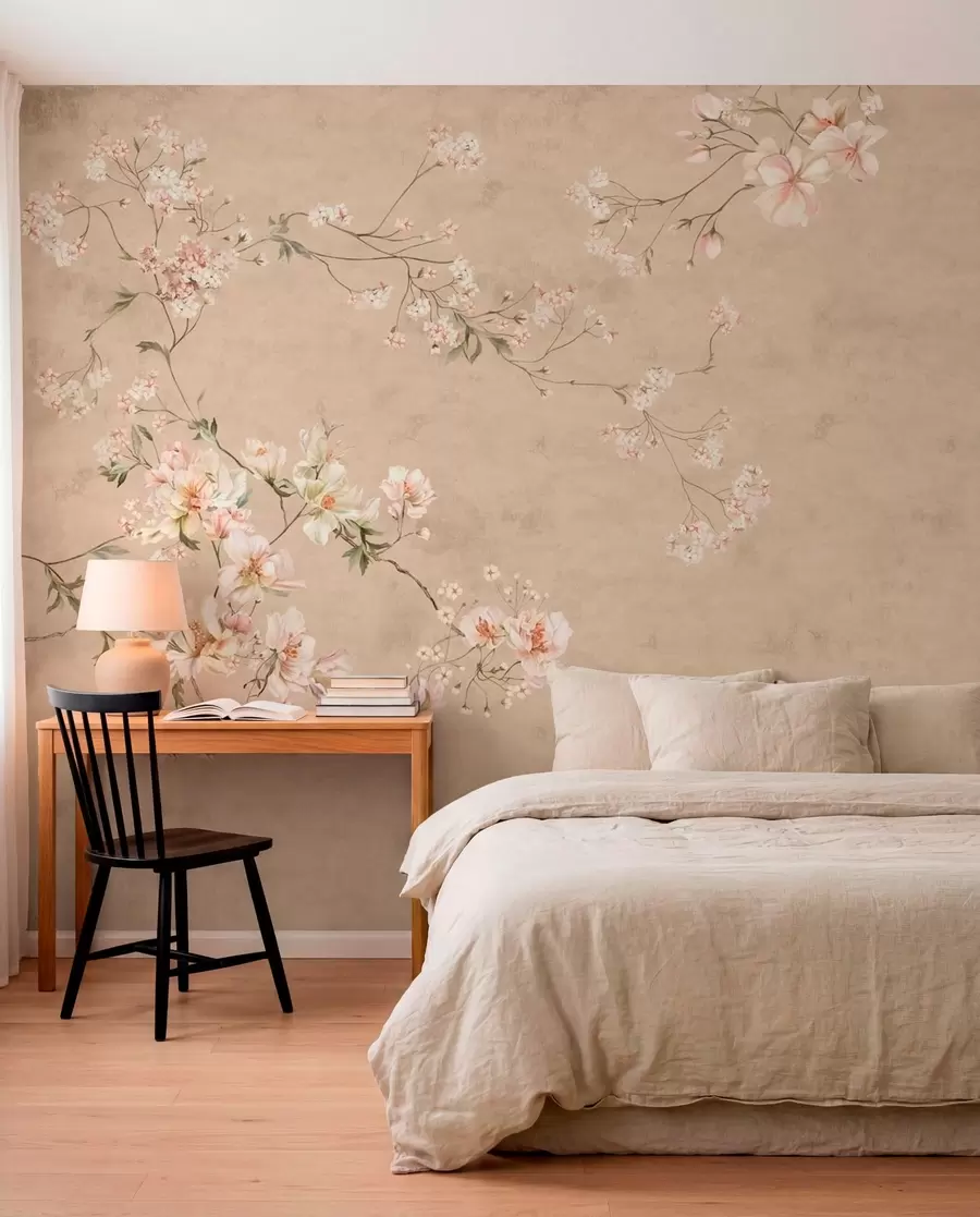 murales Ramas florales de estilo chinoiserie sobre un fondo beige cálido w05427v2