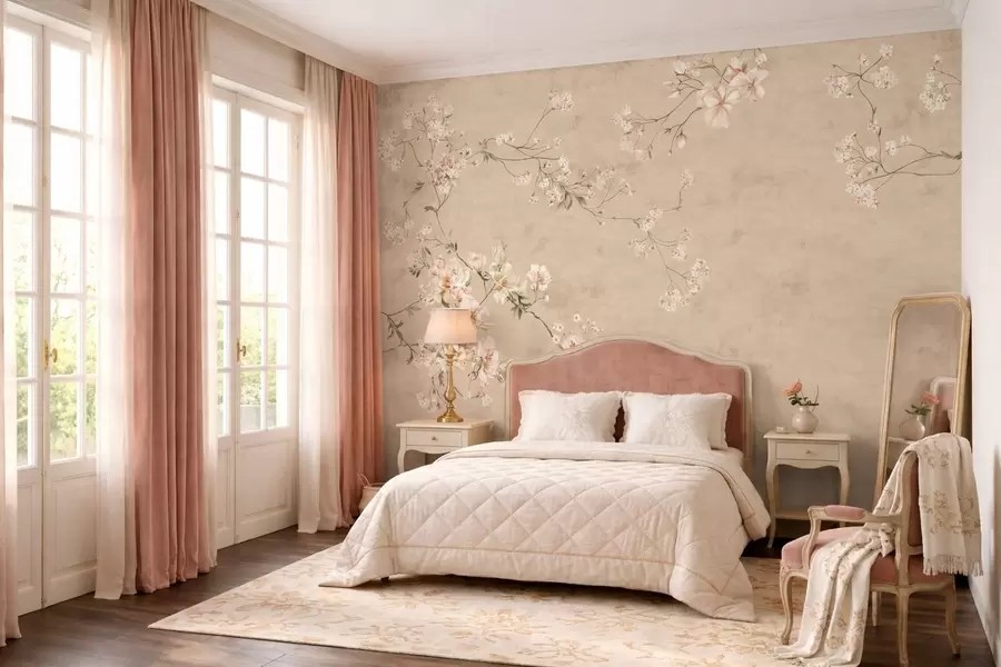 murales Ramas florales de estilo chinoiserie sobre un fondo beige cálido w05427v2