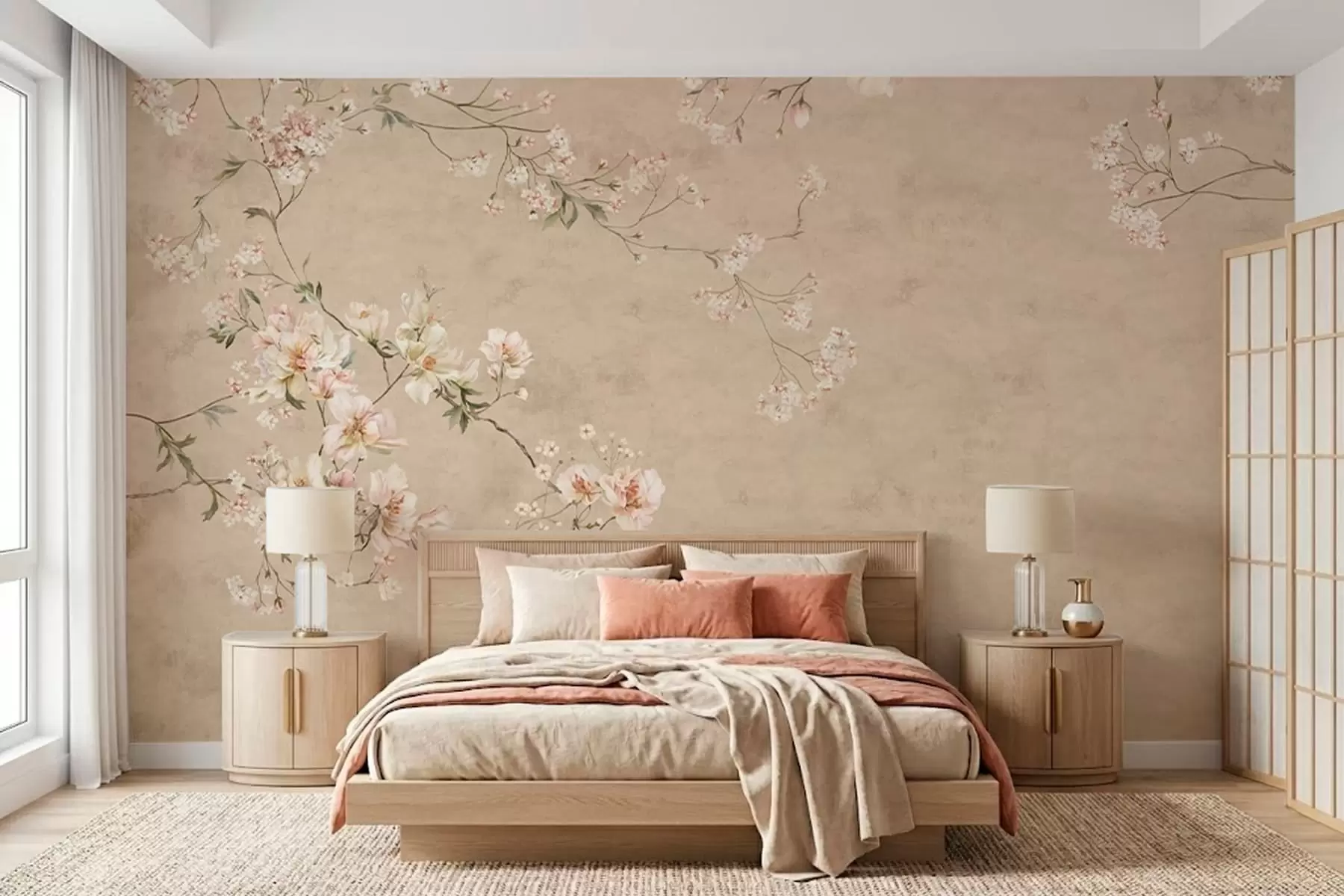 peintures murales Branches florales de style chinoiserie sur fond beige chaud w05427v2