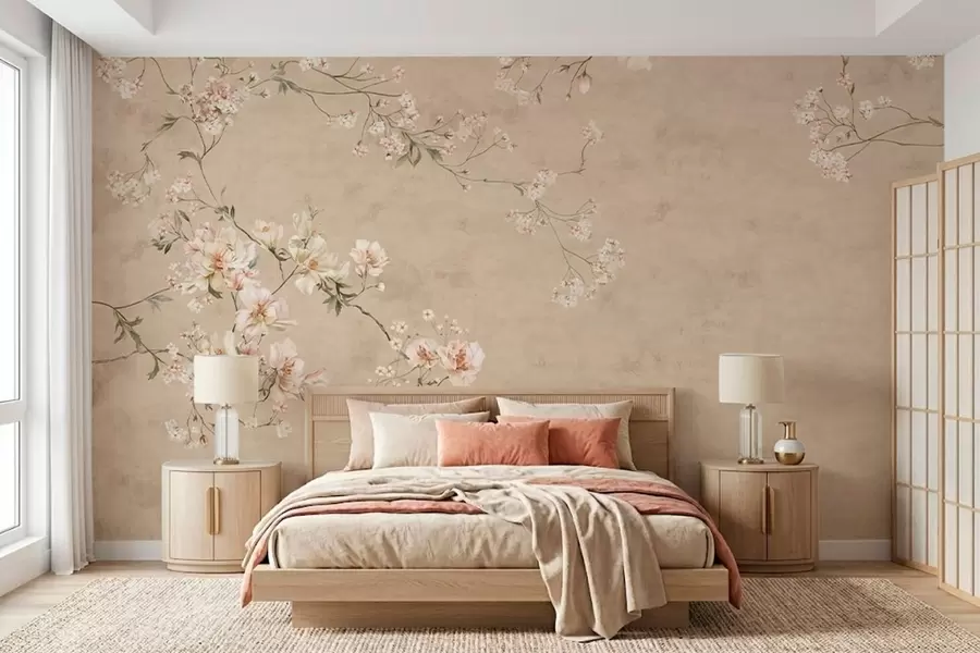 Wall Mural Photo Wallpaper Chinoiserie floral branches on warm beige background w05427v2