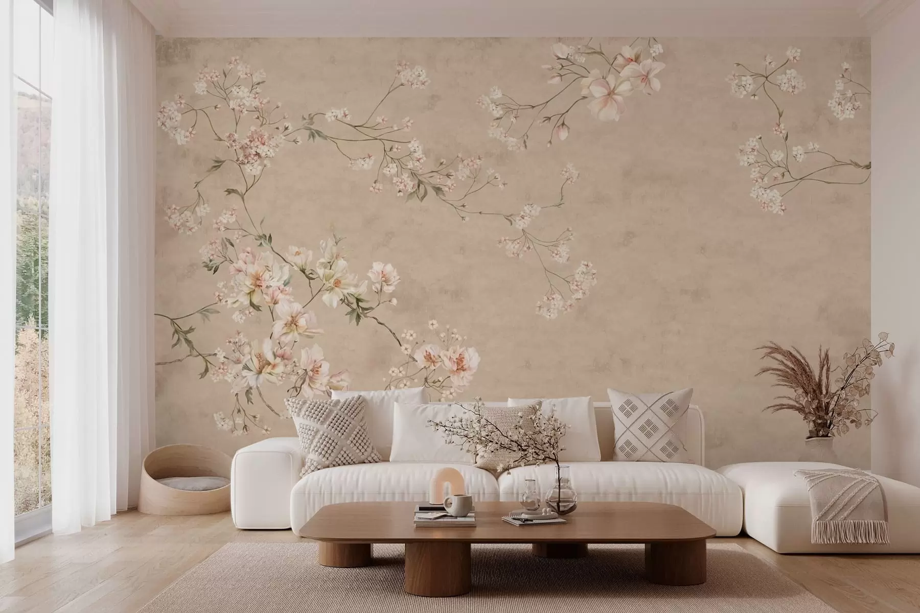 wall murals Chinoiserie floral branches on warm beige background w05427v2