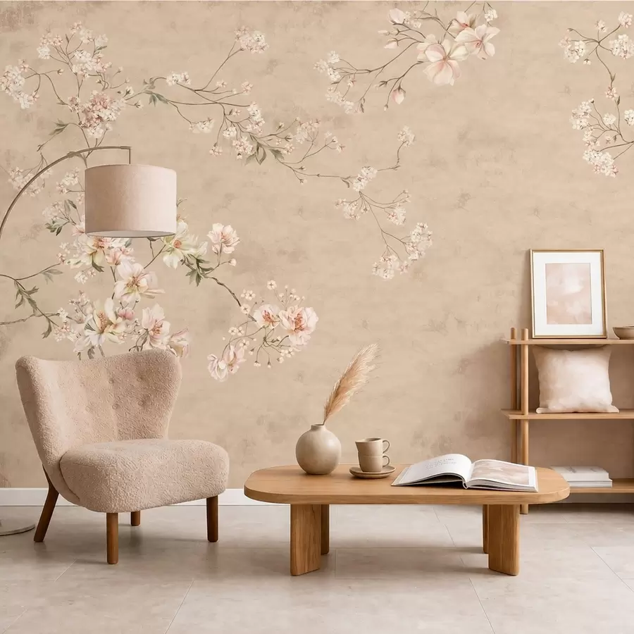 Wall Mural Photo Wallpaper Chinoiserie floral branches on warm beige background w05427v2