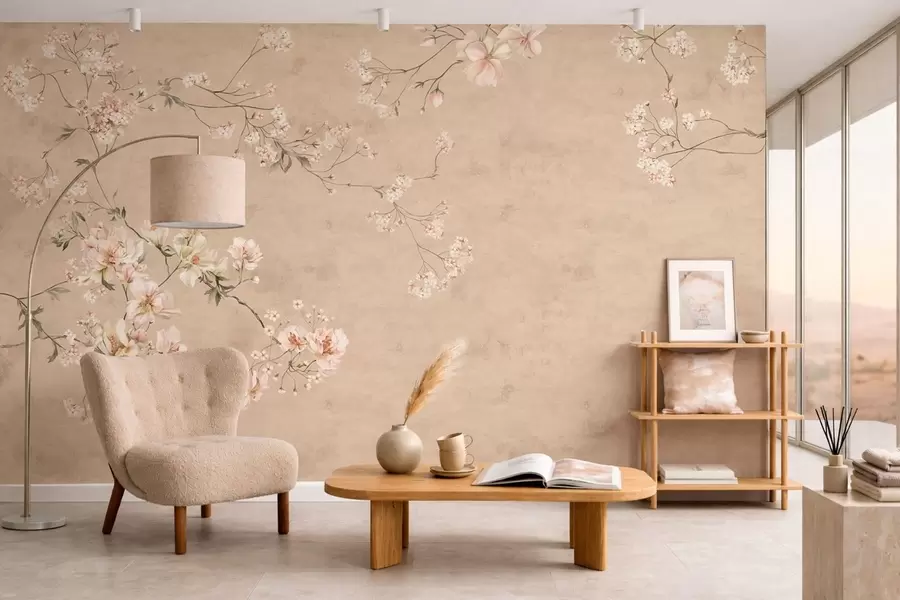 peintures murales Branches florales de style chinoiserie sur fond beige chaud w05427v2