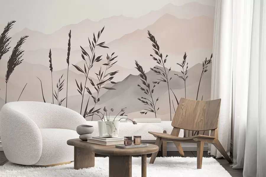 Wall Mural Photo Wallpaper Silhouettes of grass against the backdrop of mountains w05501