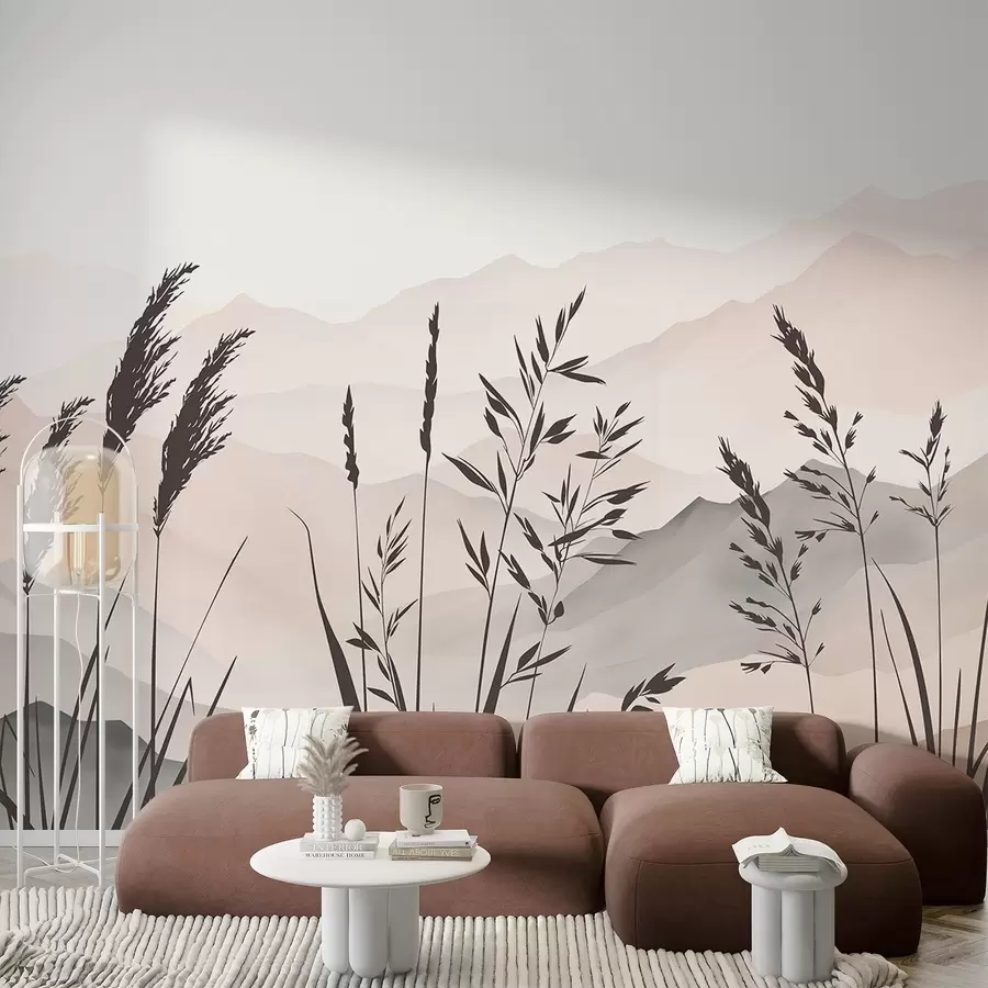 wall murals Silhouettes of grass against the backdrop of mountains w05501