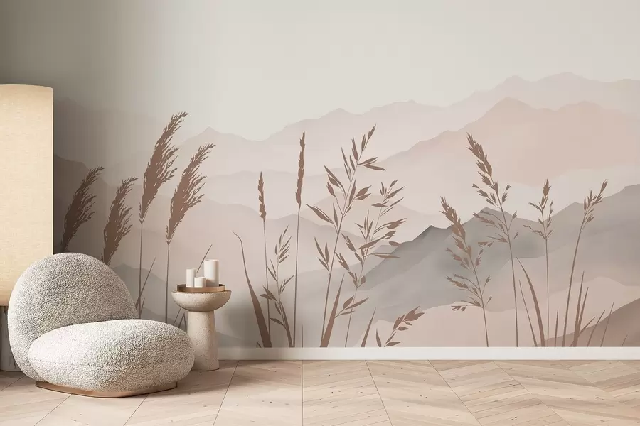 Wall Mural Photo Wallpaper Silhouettes of grass against the backdrop of mountains w05501v1