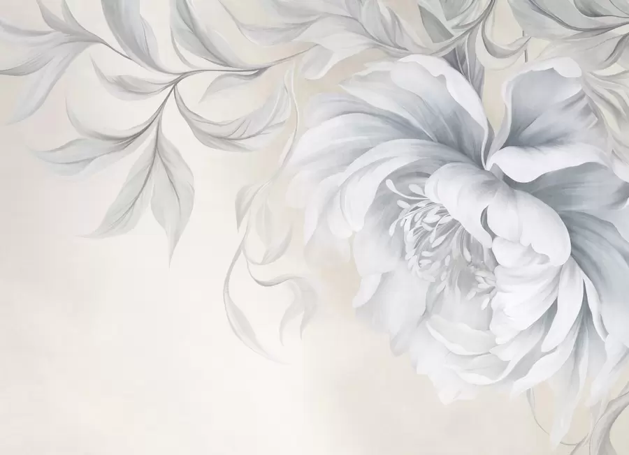 Wall Mural Photo Wallpaper Large, textured peony with delicate petals and gray leaves, painted soft style w09647