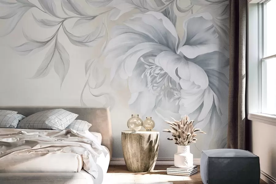 Wall Mural Photo Wallpaper Large, textured peony with delicate petals and gray leaves, painted soft style w09647