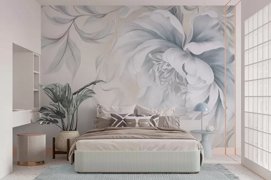 Wall Mural Photo Wallpaper Large, textured peony with delicate petals and gray leaves, painted soft style w09647