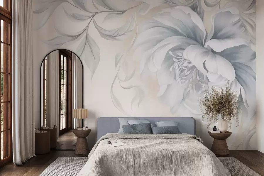 peintures murales Grande pivoine texturée aux pétales délicats et aux feuilles grises, peinte dans un style doux w09647