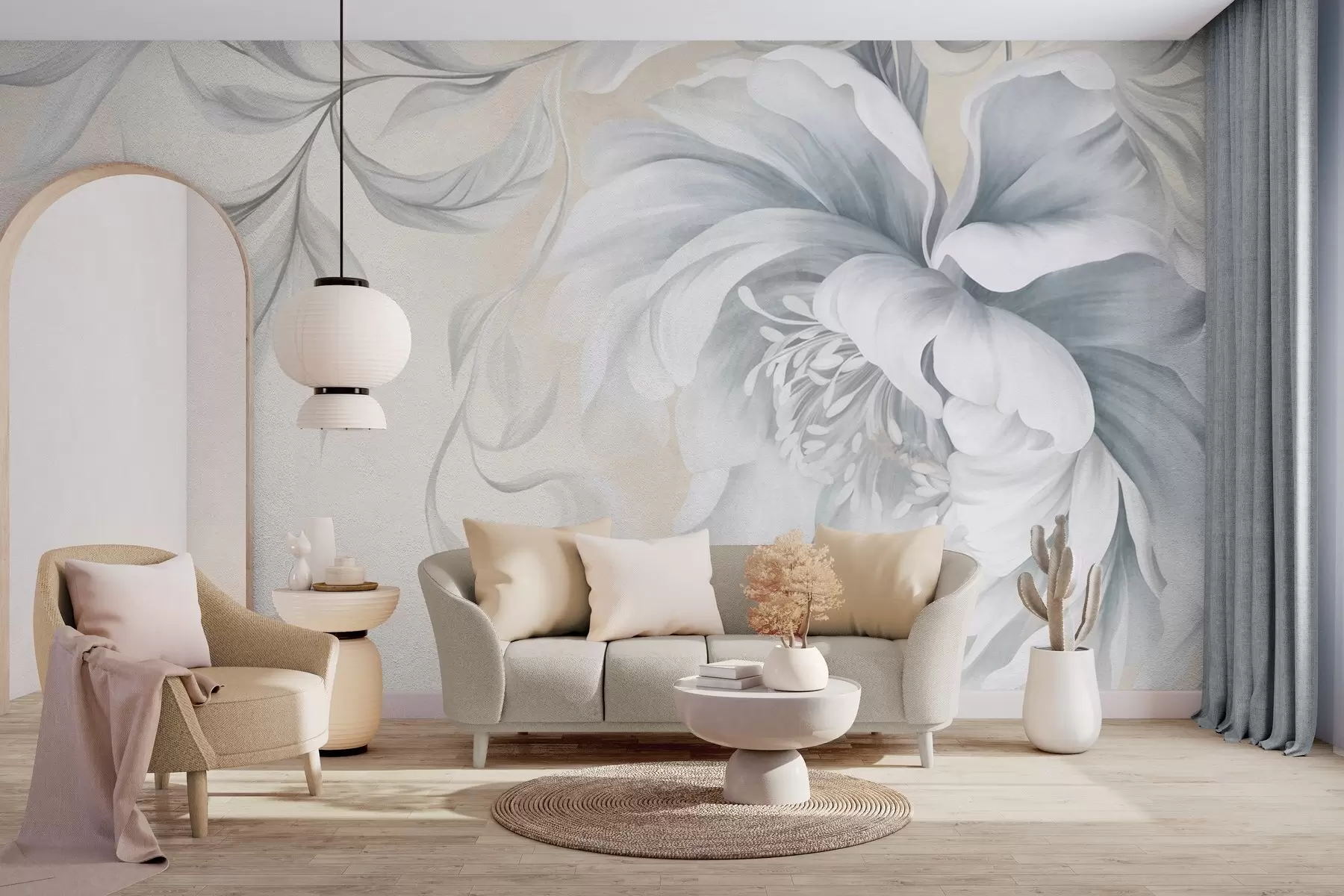 murales Peonía grande y con relieve, de pétalos delicados y hojas grises, pintada con un estilo suave w09647