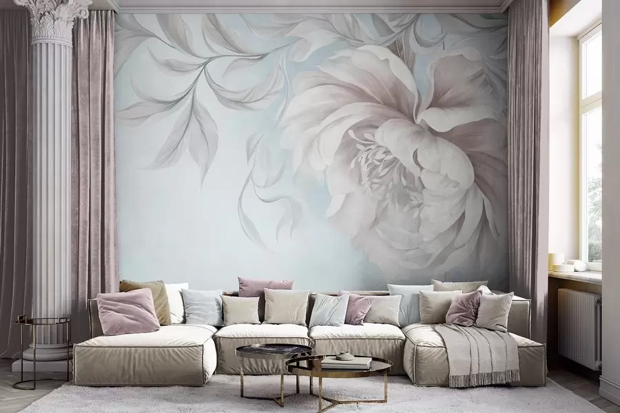 peintures murales Grande pivoine texturée aux pétales délicats et aux feuilles grises, peinte dans un style doux w09647v1