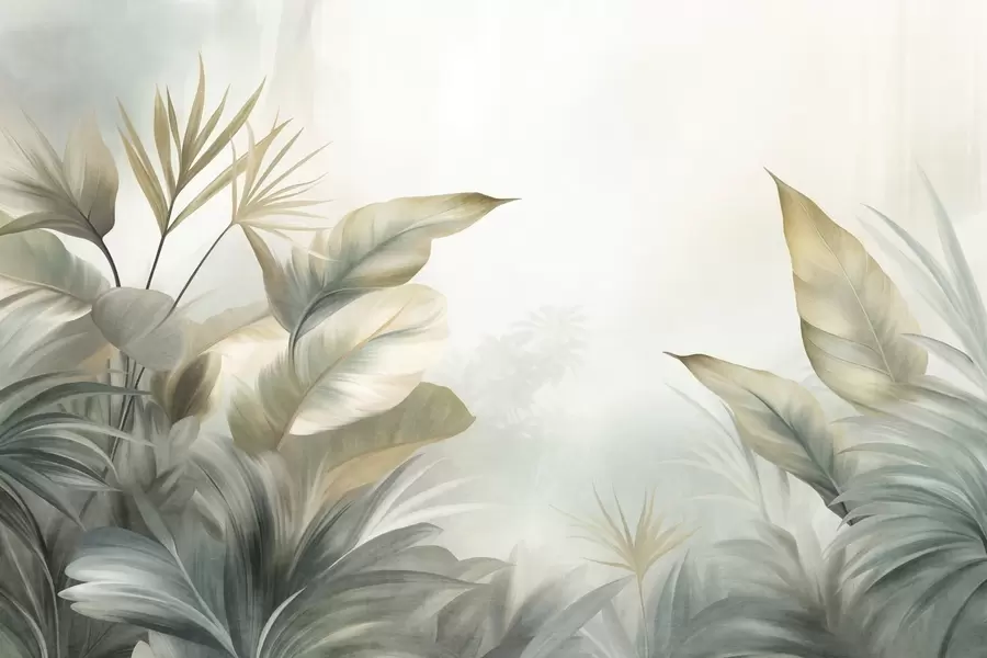 peintures murales De grandes feuilles tropicales texturées dans des tons verts et beiges discrets, un décor de jungle w09820