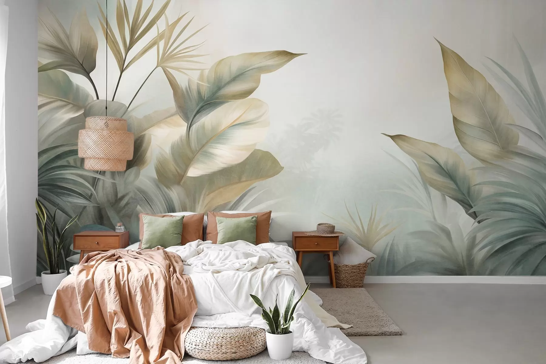 peintures murales De grandes feuilles tropicales texturées dans des tons verts et beiges discrets, un décor de jungle w09820
