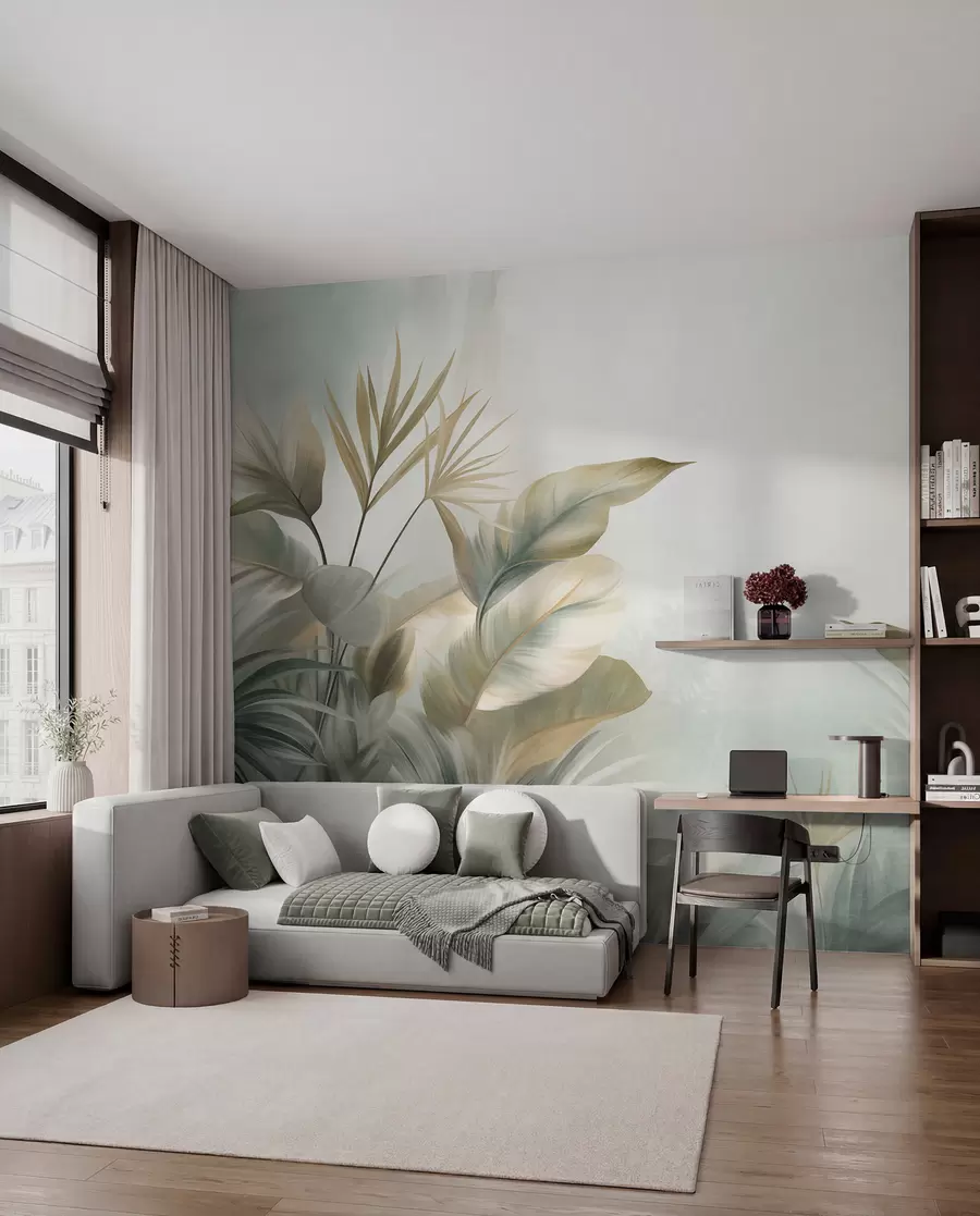 peintures murales De grandes feuilles tropicales texturées dans des tons verts et beiges discrets, un décor de jungle w09820
