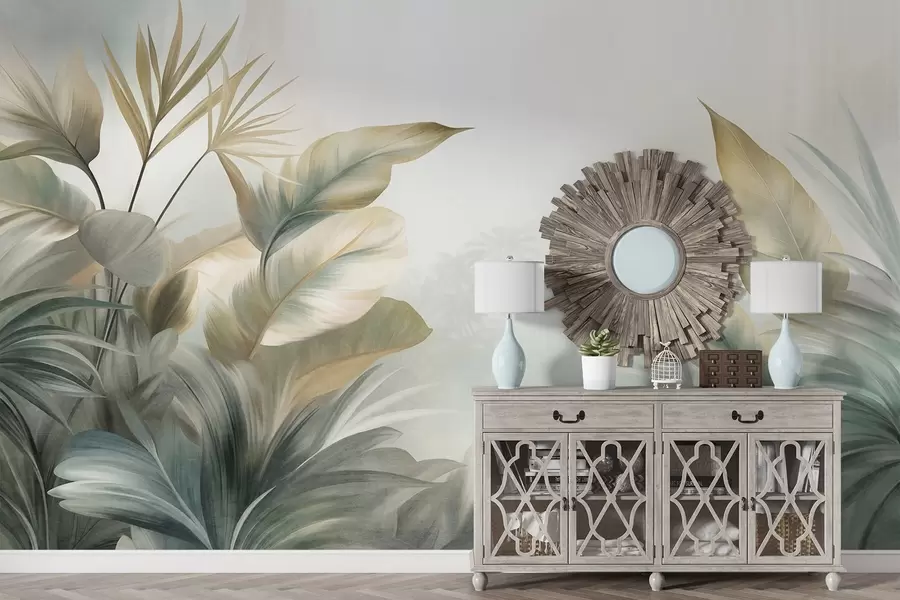wall murals Large, textured tropical leaves in muted green and beige tones, a jungle environment w09820