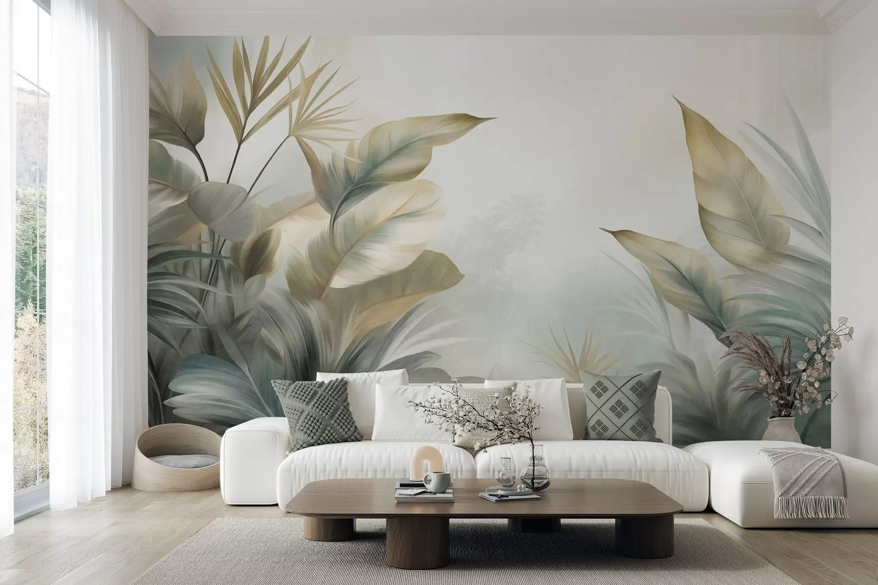 peintures murales De grandes feuilles tropicales texturées dans des tons verts et beiges discrets, un décor de jungle w09820