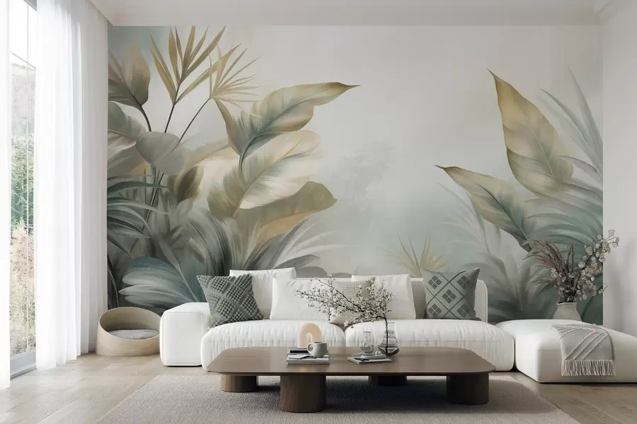 peintures murales De grandes feuilles tropicales texturées dans des tons verts et beiges discrets, un décor de jungle w09820