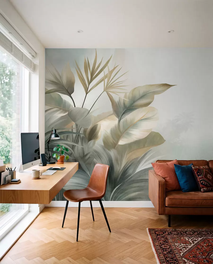 Wall Mural Photo Wallpaper Large, textured tropical leaves in muted green and beige tones, a jungle environment w09820