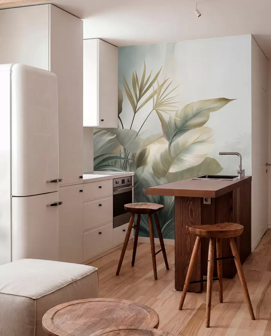Wall Mural Photo Wallpaper Large, textured tropical leaves in muted green and beige tones, a jungle environment w09820