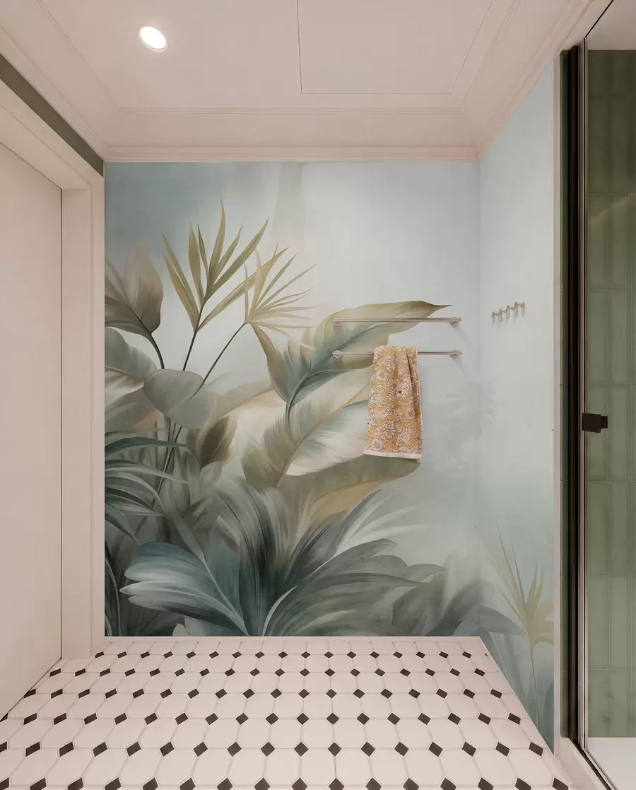 wall murals Large, textured tropical leaves in muted green and beige tones, a jungle environment w09820