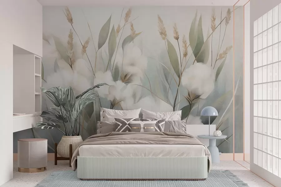 peintures murales Des fleurs blanches séchées et de hautes herbes sur un fond doux et discret, peintes dans un style impressionniste w09823