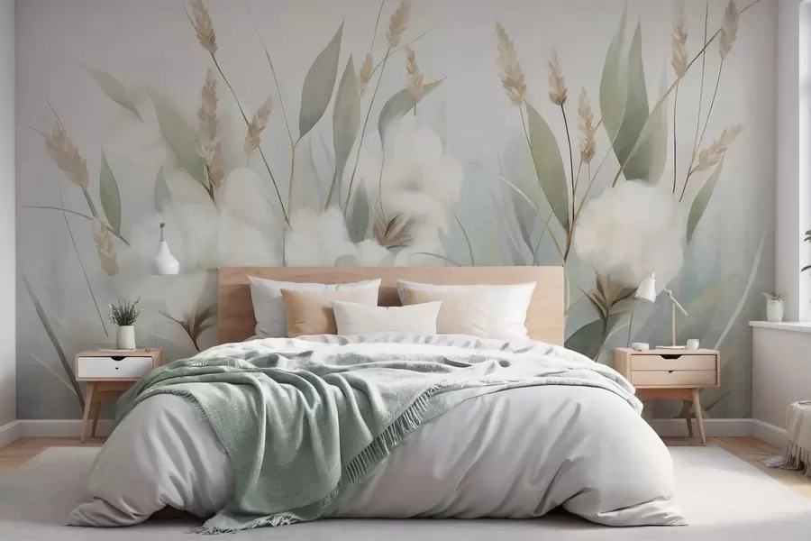 Wall Mural Photo Wallpaper White dried flowers and tall grass with a soft, muted background , painted, impressionistic style w09823