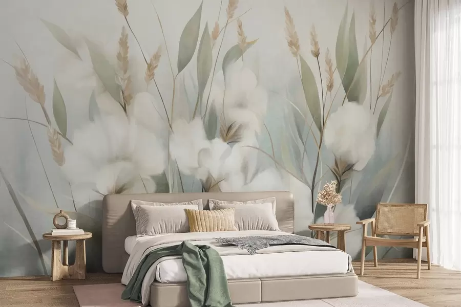 murales Flores secas blancas y hierba alta sobre un fondo suave y tenue, pintadas en estilo impresionista w09823
