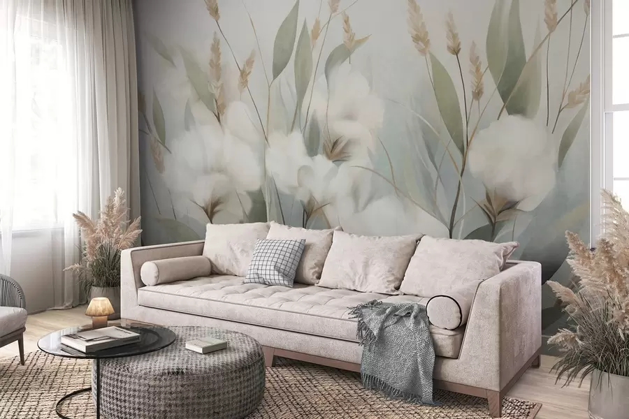 wall murals White dried flowers and tall grass with a soft, muted background , painted, impressionistic style w09823