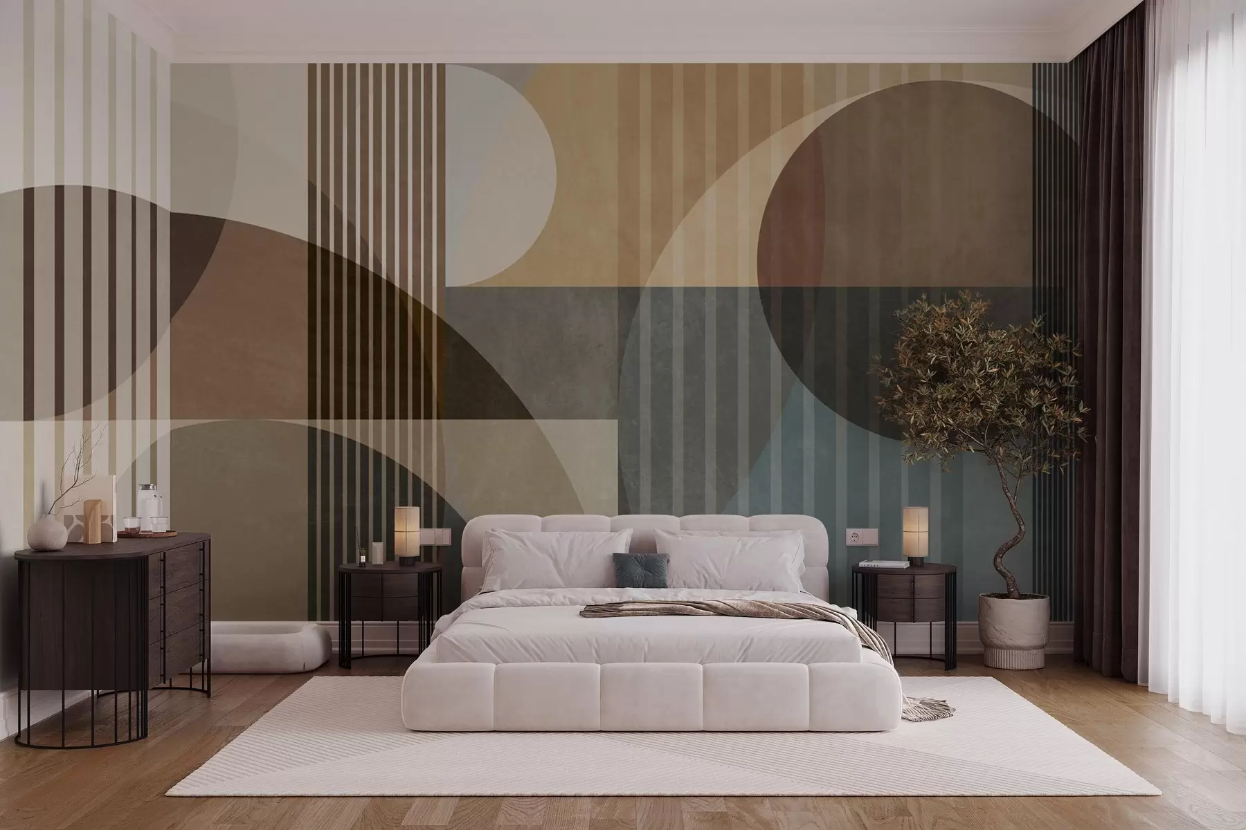 wall murals Abstract geometric shapes with circles and lines, muted earth tones, textured, layered composition w09834