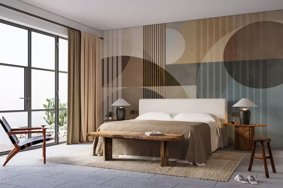 Wall Mural Photo Wallpaper Abstract geometric shapes with circles and lines, muted earth tones, textured, layered composition w09834