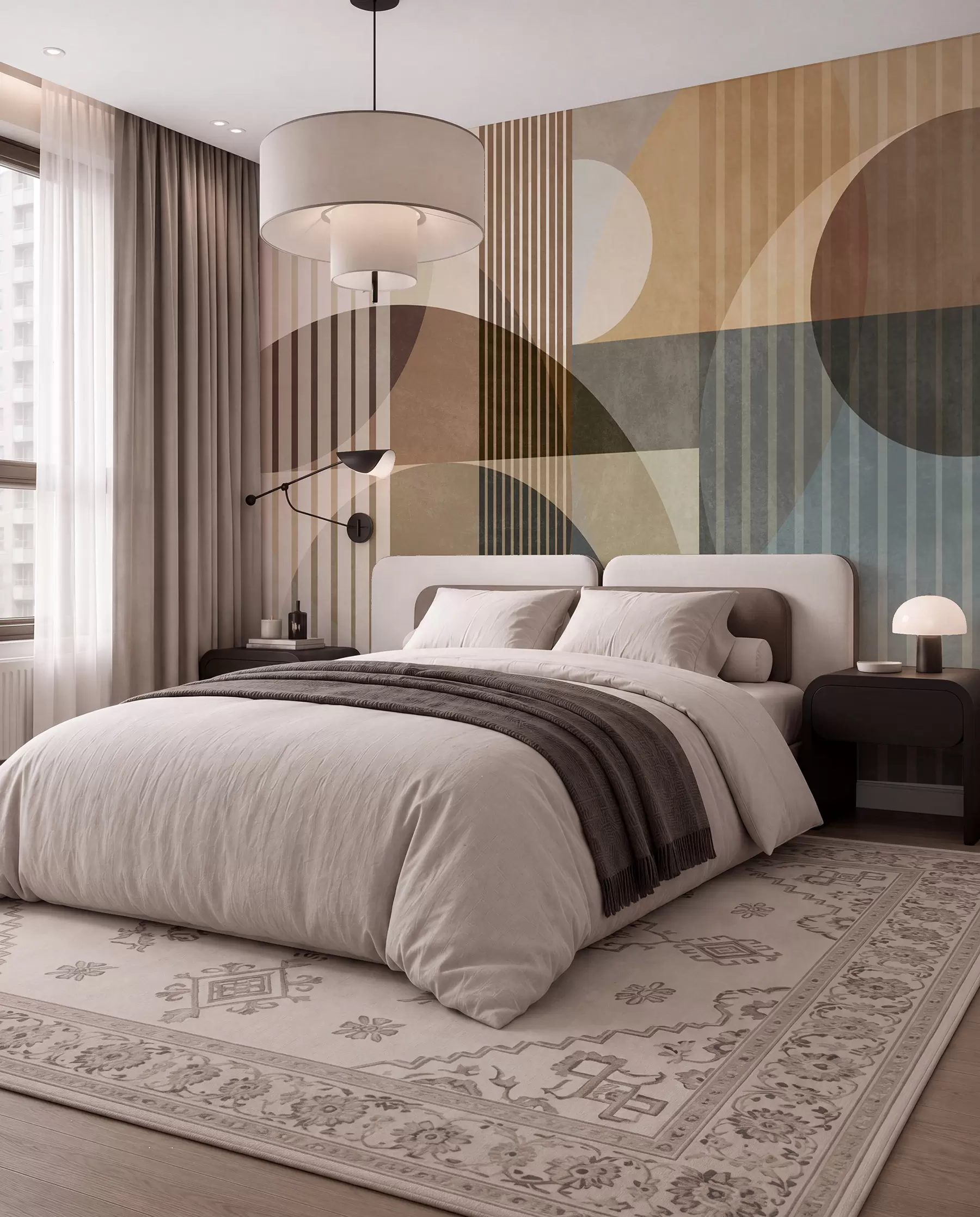 wall murals Abstract geometric shapes with circles and lines, muted earth tones, textured, layered composition w09834