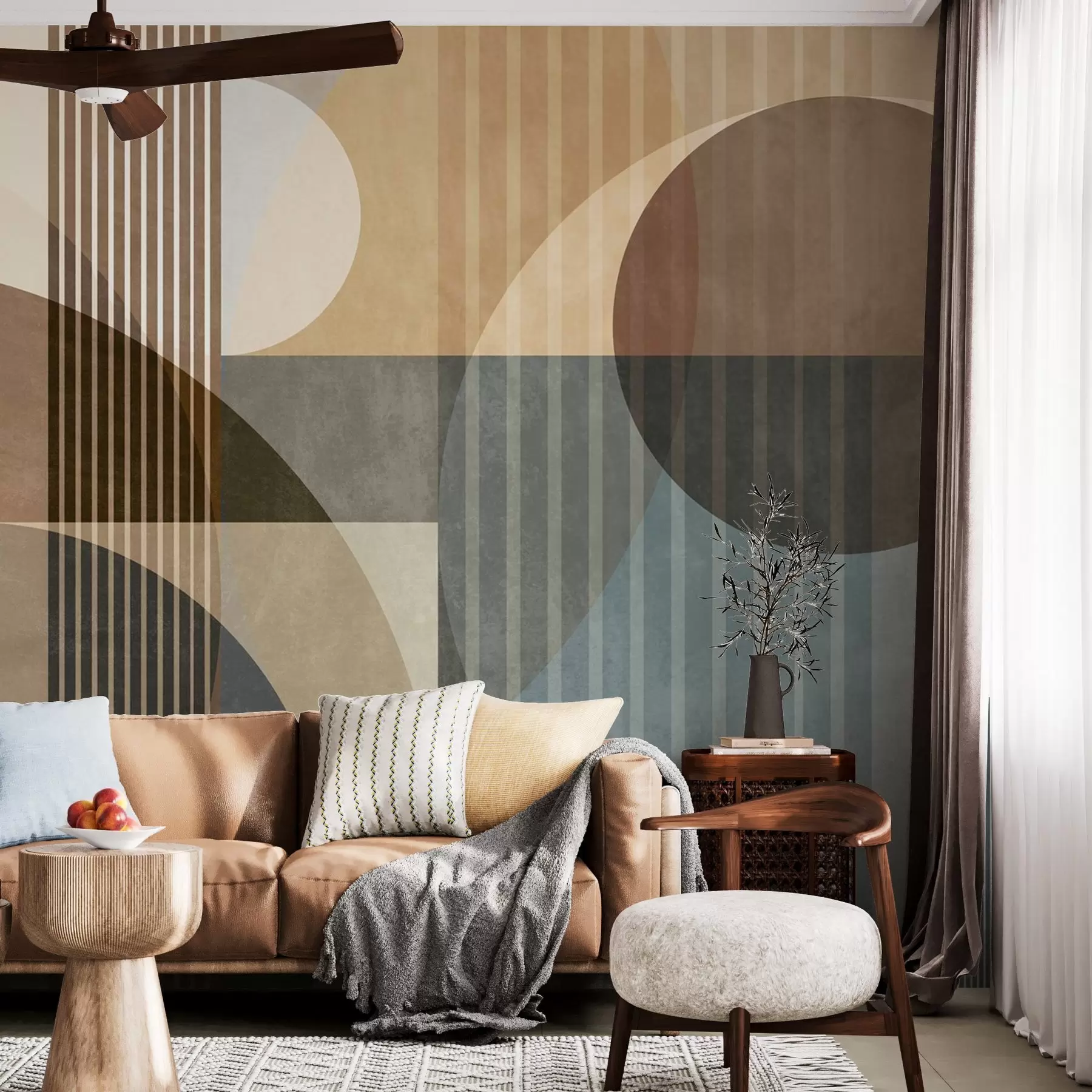 wall murals Abstract geometric shapes with circles and lines, muted earth tones, textured, layered composition w09834