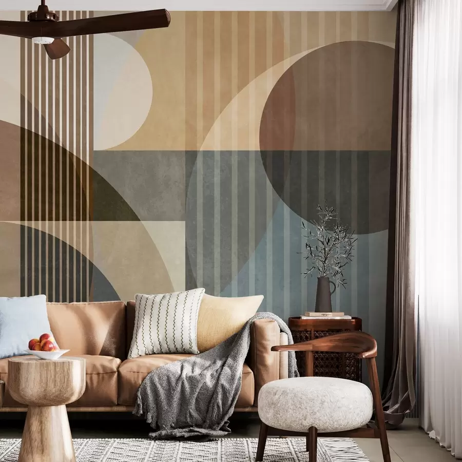 wall murals Abstract geometric shapes with circles and lines, muted earth tones, textured, layered composition w09834