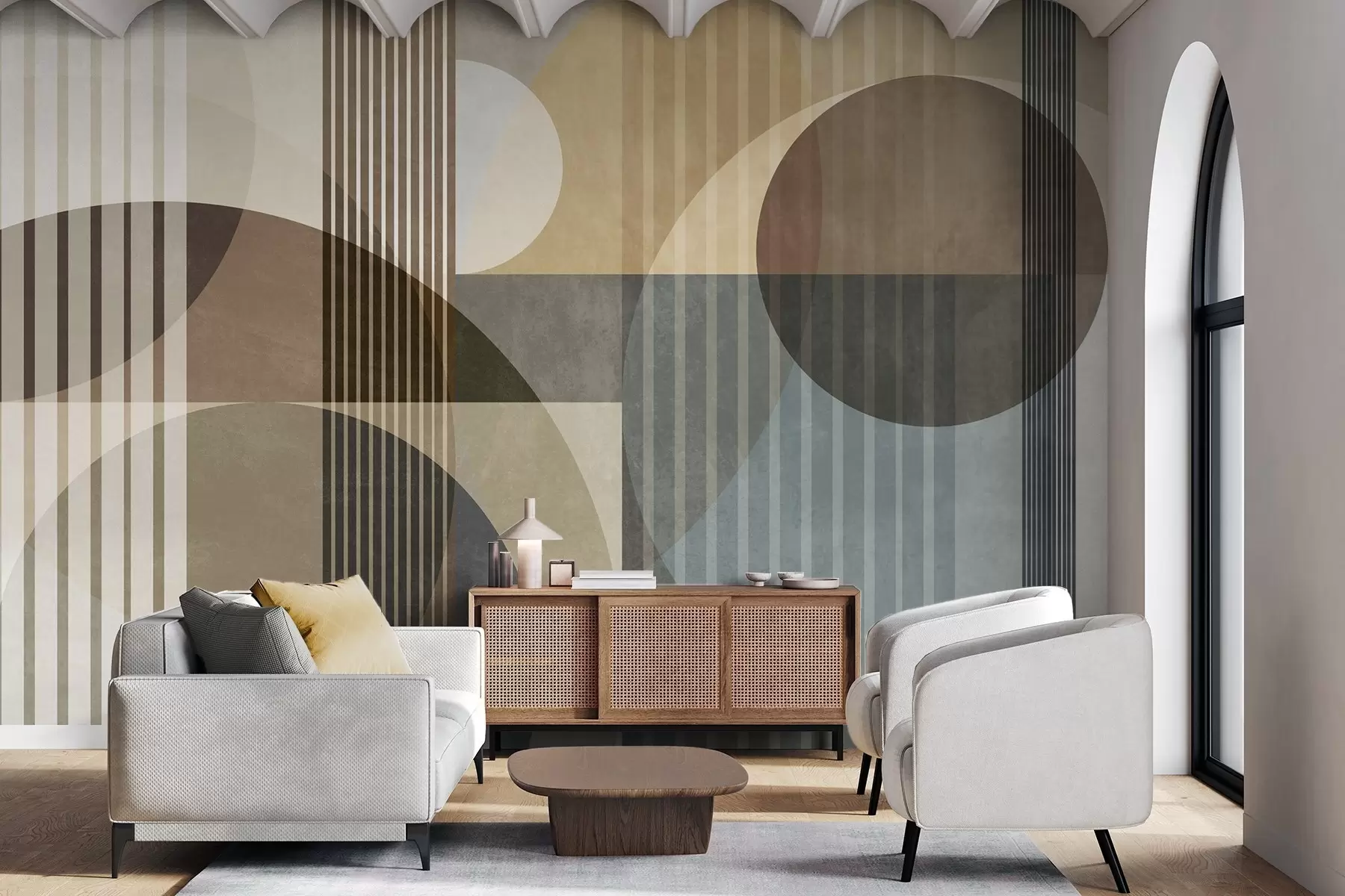 wall murals Abstract geometric shapes with circles and lines, muted earth tones, textured, layered composition w09834