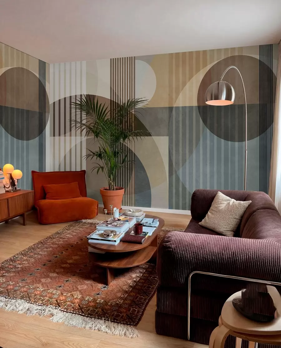wall murals Abstract geometric shapes with circles and lines, muted earth tones, textured, layered composition w09834