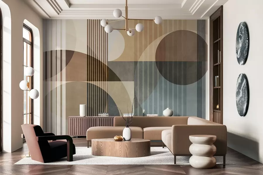 wall murals Abstract geometric shapes with circles and lines, muted earth tones, textured, layered composition w09834