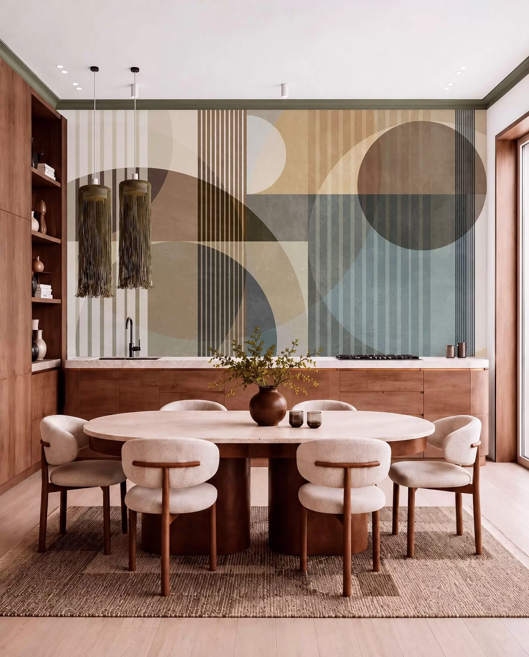 Wall Mural Photo Wallpaper Abstract geometric shapes with circles and lines, muted earth tones, textured, layered composition w09834