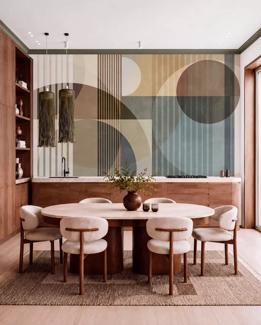 Wall Mural Photo Wallpaper Abstract geometric shapes with circles and lines, muted earth tones, textured, layered composition w09834