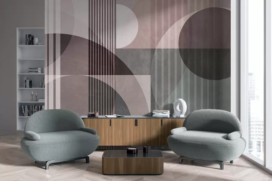 wall murals Abstract geometric shapes with circles and lines, muted tones, textured, layered composition w09834v1