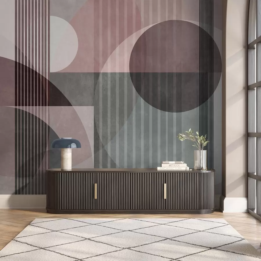 murales Formas geométricas abstractas con círculos y líneas, tonos apagados, textura y composición en capas w09834v1