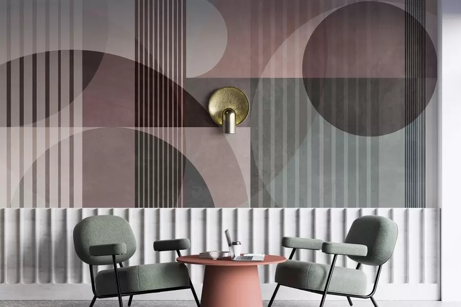 murales Formas geométricas abstractas con círculos y líneas, tonos apagados, textura y composición en capas w09834v1