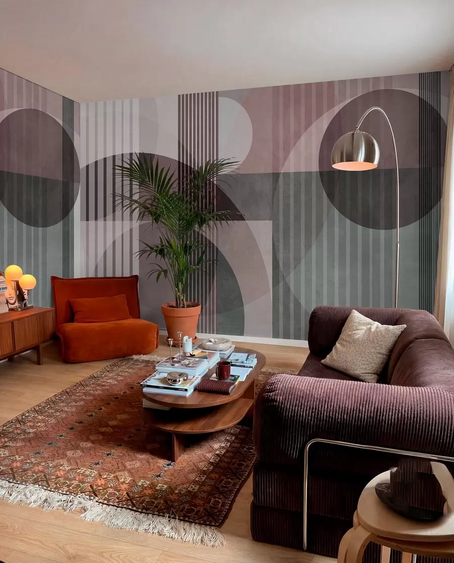 Wall Mural Photo Wallpaper Abstract geometric shapes with circles and lines, muted tones, textured, layered composition w09834v1