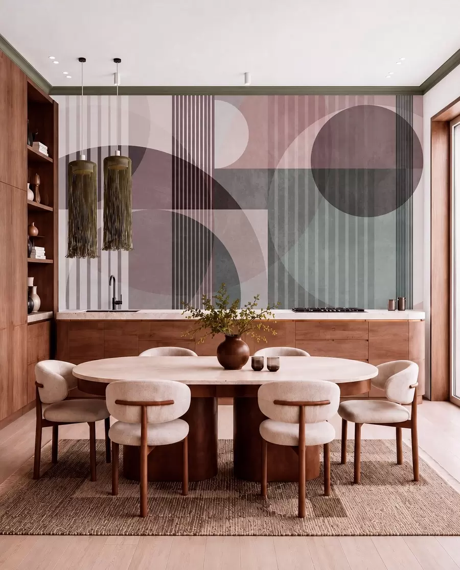 Wall Mural Photo Wallpaper Abstract geometric shapes with circles and lines, muted tones, textured, layered composition w09834v1