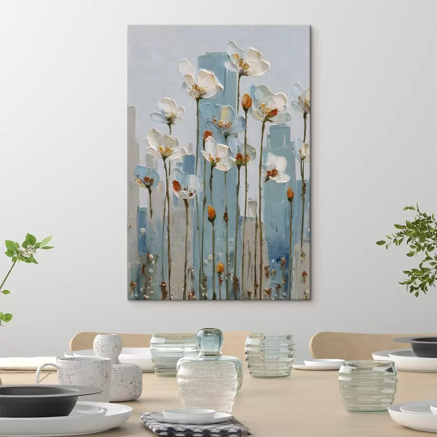 wall murals flowers against a city backdrop, in the style of oil painting s48785